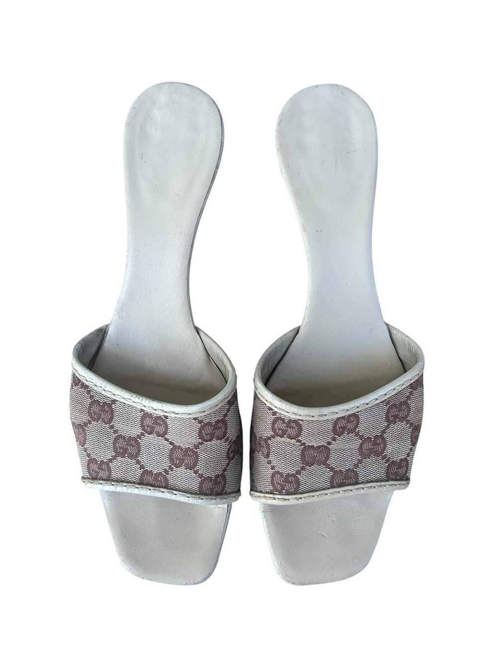 GUCCI~Vintage Cream & Brown GG Monogram Canvas Block Heel Slide Sandals~9.5/10
